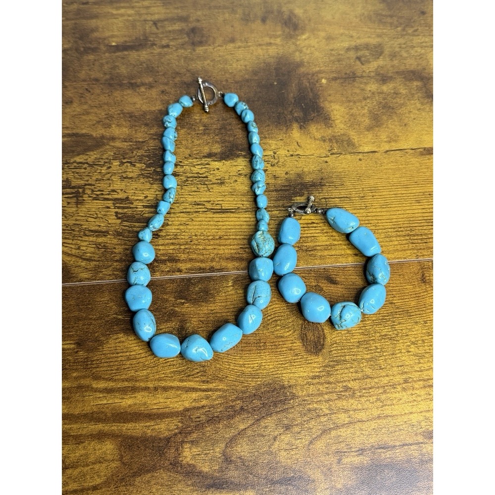 Vintage Chunky Single Strand Faux? Turquoise Nugget Silver Necklace And Bracelet